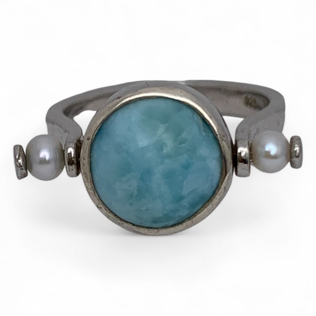 Sterling Reversible Ring, Larimar & Pearl Stones: Marked 925 - Size 7 - 5.2 Grams