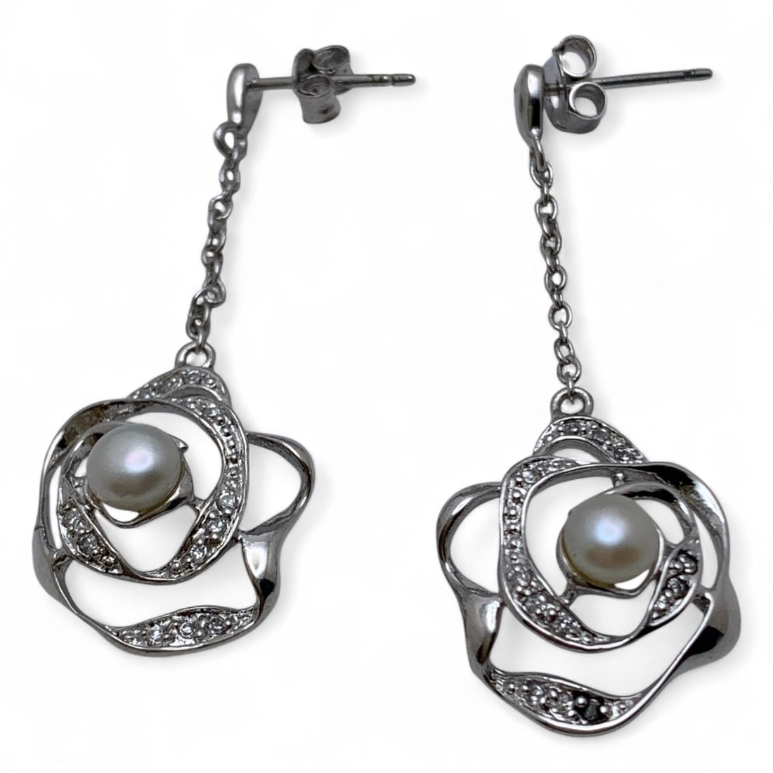 Sterling Silver & Pearl Earrings: Marked 925 - 1 3/4" Long - 3.5 Grams