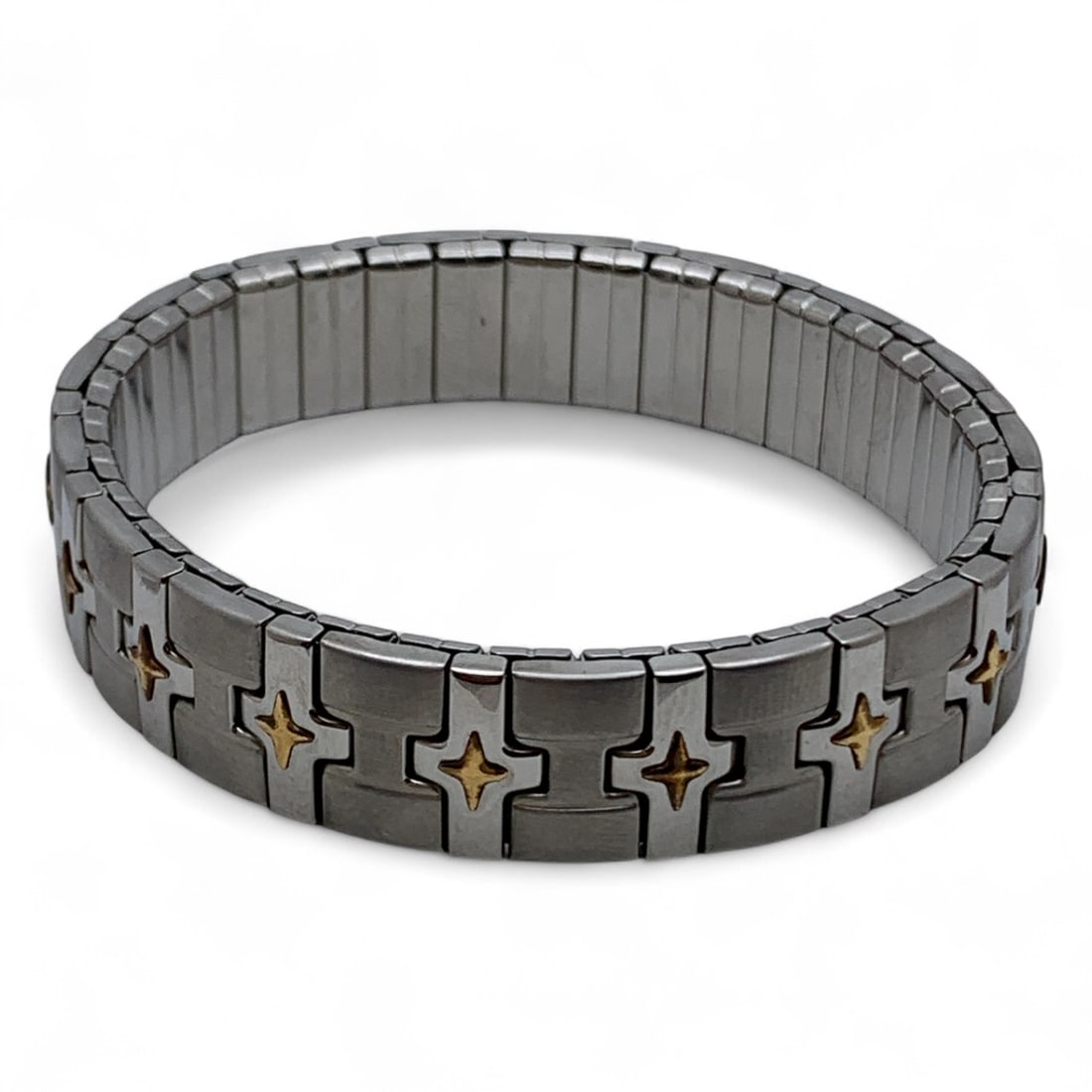 Stainless Steel & 18k Gold Stretch Bracelet: Marked Stainless Steel, 18kt - 21.4 Grams