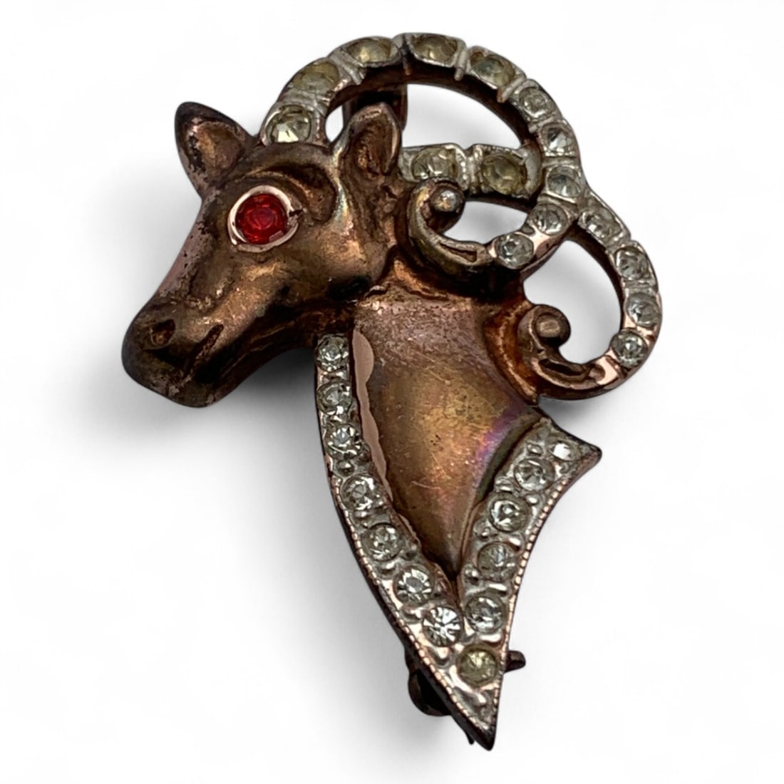 Sterling & Rose Gold Vermeil Ram's Head Pin: 1 1/4" Long Tests Sterling. 5.5 G. Total Weight. With Rhinestones.