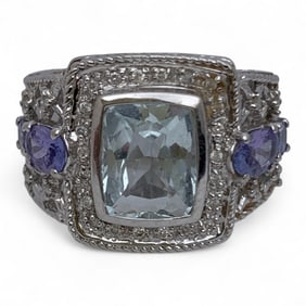 14k White Gold Aquamarine & Purple Tourmaline Ring