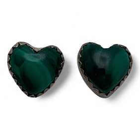 Pair Of Silver & Malachite Heart Earrings