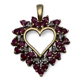 10k Yellow Gold Diamond & Ruby Heart Pendant