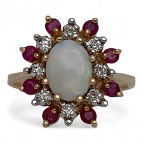 14k Yellow Gold Diamond Ruby & Opal Ring