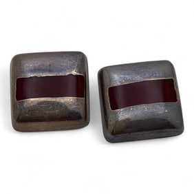 Pair Of Sterling Silver & Red Stone Earrings