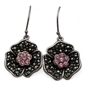 Sterling Marcasite & Pink Stone Flower Earrings
