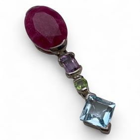 Sterling Silver Pendant W Colored Stones & Ruby