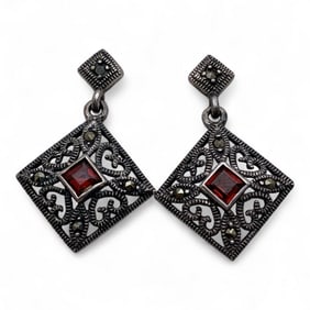 Sterling Marcasite & Red Stone Earrings