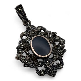 Sterling Marcasite & Black Stone Pendant