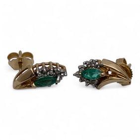 Pair Of 10k Yellow Gold Diamond & Emerald Earrings