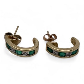Pair Of 10k Yellow Gold Diamond & Emerald Earrings