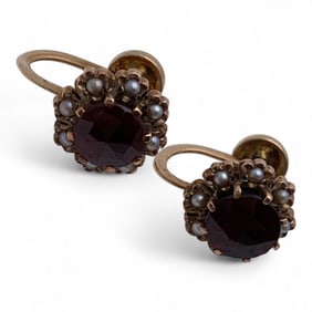 Victorian 10k Gold Garnet & Seed Pearl Earrings