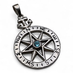 Sterling Silver Compass Pendant W Blue Stone