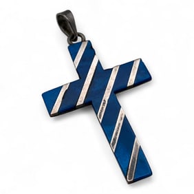 Mexico Sterling Silver Cross Pendant W Blue Stones