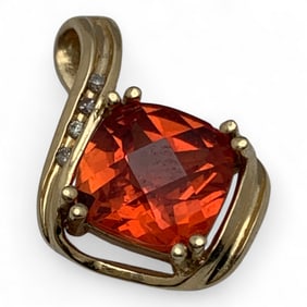 14k Yellow Gold Diamond & Orange Sapphire Pendant