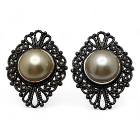 Pair Of Silver Marcasite & Faux Pearl Earrings