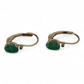 Pair Of 14k Yellow Gold Diamond & Emerald Earrings