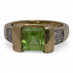 14k Yellow Gold Diamond & Green Citrine Ring