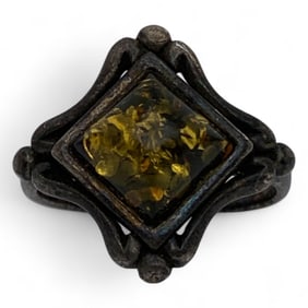 Silver & Yellow Amber Stone Ring