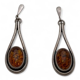 Pair Of Silver & Amber Earrings