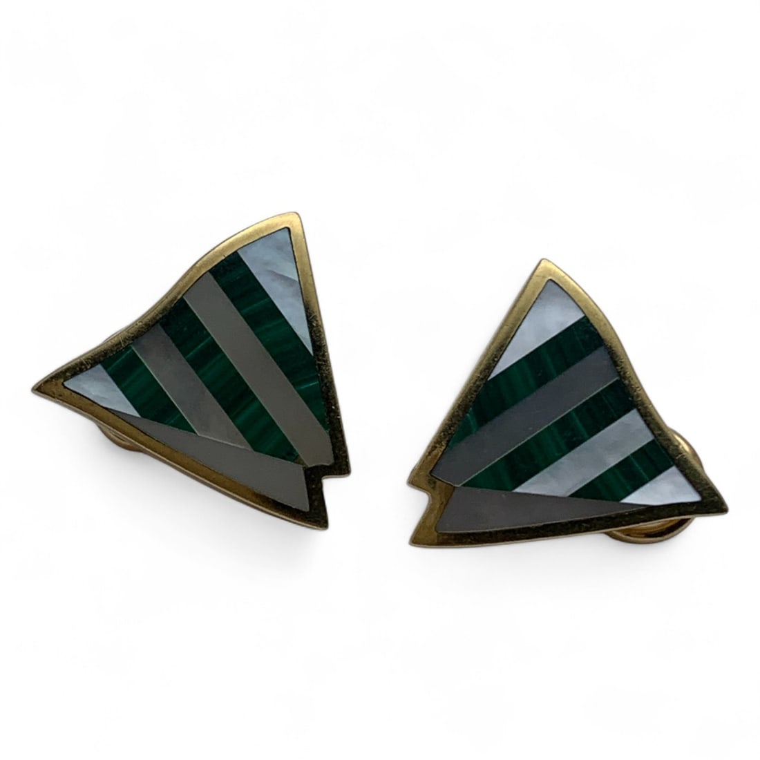 Tiffany & Co. 18k Gold Earrings: 18k Gold, Malachite And Mother Of Pearl.Marked T & Co. 18k. 750.7/8" Long. 7.1 Dwt Total Weight.
