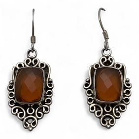 Pair Of Sterling Silver & Orange Stone Earrings