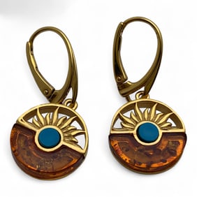 Sterling Gold Tone Earrings W Amber & Blue Stone