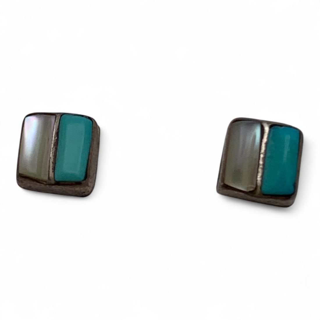 Silver Blue Stone & Mother Of Pearl Earrings: Tests Silver - 1/8" Long - 0.6 Grams