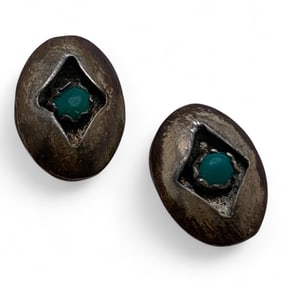 Pair Of Silver & Green Stone Earrings