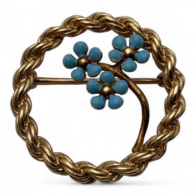 14k Gold And Blue Enameled Floral Pin