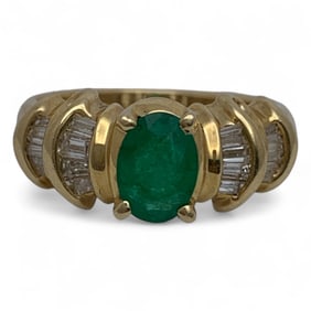 14k Yellow Gold, Diamond & Emerald Ring