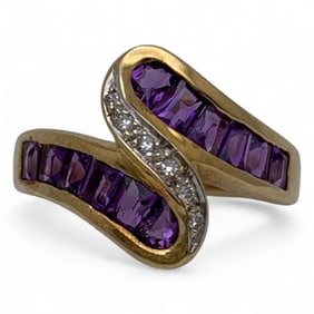 14k Yellow Gold, Diamond & Amethyst Ring