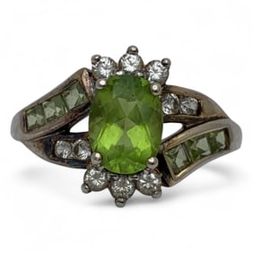 Sterling Silver Ring W Clear & Green Stones