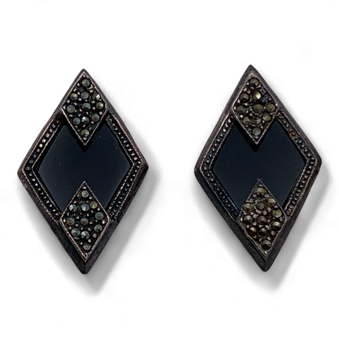 Sterling Marcasite & Black Stone Earrings: Marked 925 - 1 1/8" Long - 6.1 Grams