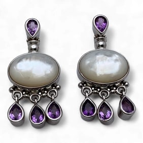 Pair Of Sterling Purple Stone & Pearl Earrings