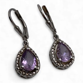 Pair Of Sterling Silver & Purple Stone Earrings