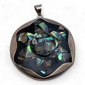 Silver Pendant W Inlaid Abalone & Mother Of Pearl