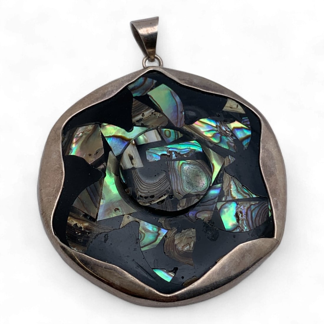 Silver Pendant W Inlaid Abalone & Mother Of Pearl: Marked 925 - 2 5/8" Long - 25.7 Grams