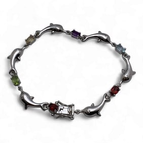 Sterling Dolphin Bracelet With Colored Stones
