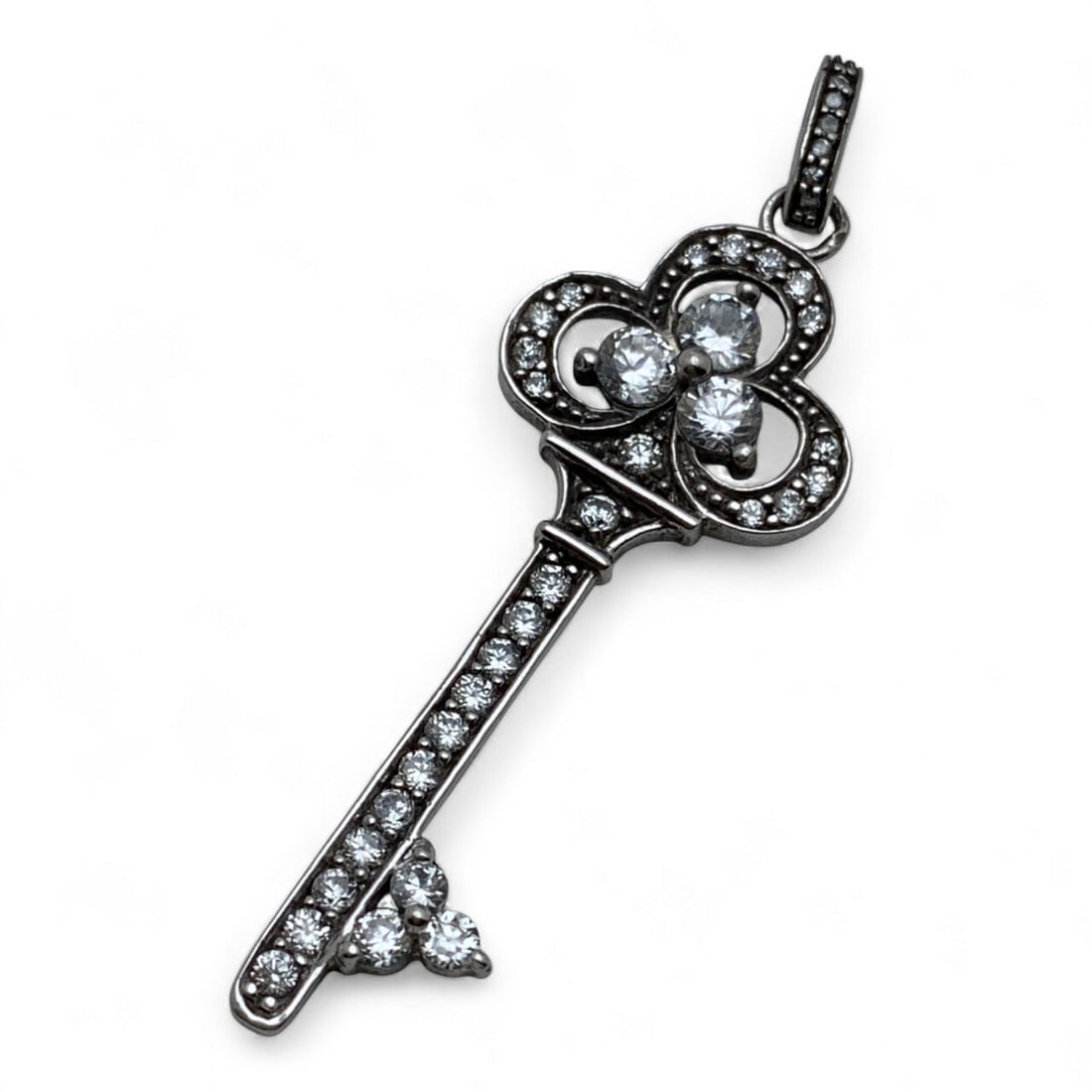 Sterling Silver Key Pendant With Clear Stones: Marked 925 - 2" Long - 3.2 Grams