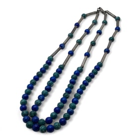 Silver Lapis & Green Hard Stone Beaded Necklace