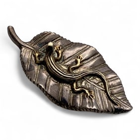 Sterling Silver Lizard On A Leaf Pin