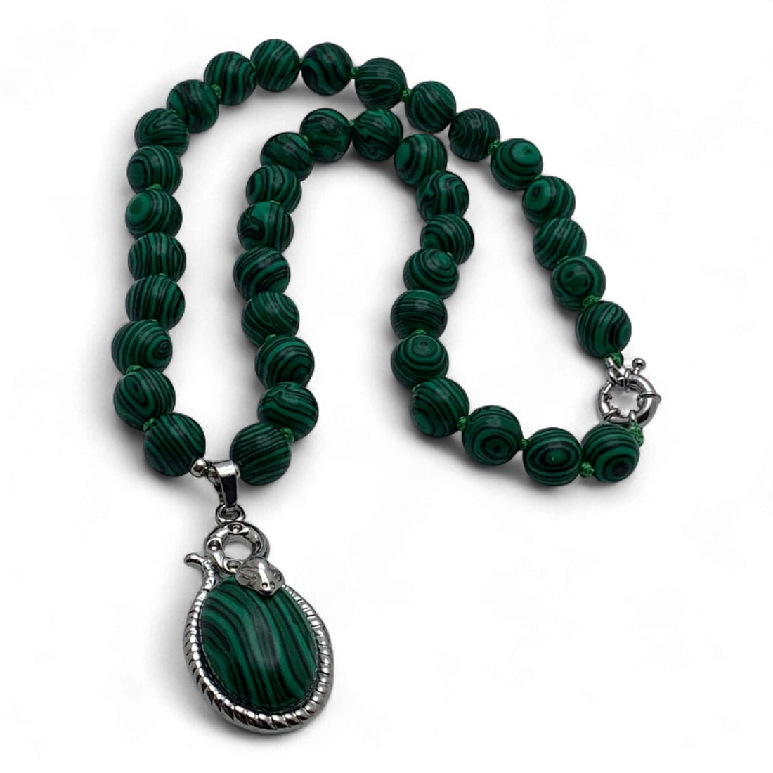 Malchite Beaded Pendant Necklace: 19" Long - 57.5 Grams
