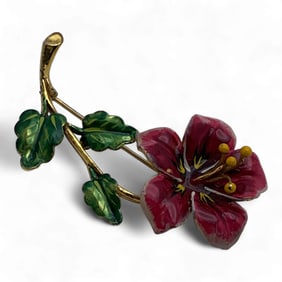 Gold Tone Enameled Flower Brooch