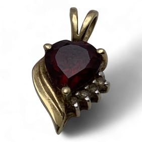 10k Gold, Diamond & Red Stone Heart Pendant