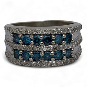 14k White Gold Ring With Blue & Clear Diamonds