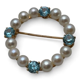 14k Gold, Pearl And Topaz Pin