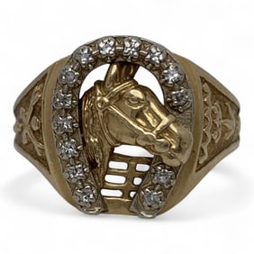 14k Gold Horse & Horseshoe Ring With Diamonds