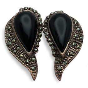 Pair Of Silver Marcasite & Black Stone Earrings