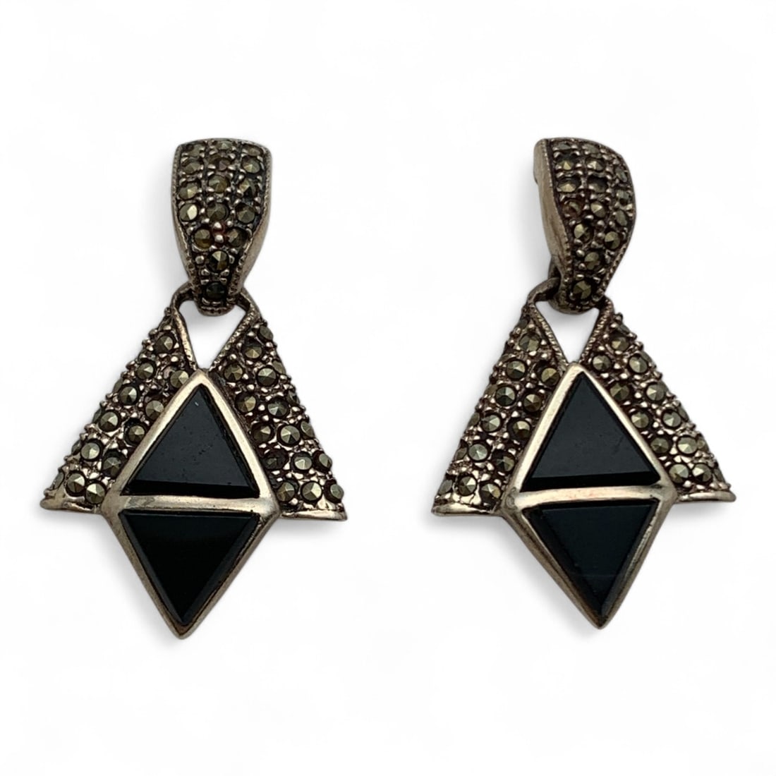 Pair Of Mexico Sterling Marcasite & Stone Earrings: Marked 925 - 1 1/4" Long - 9.2 Grams